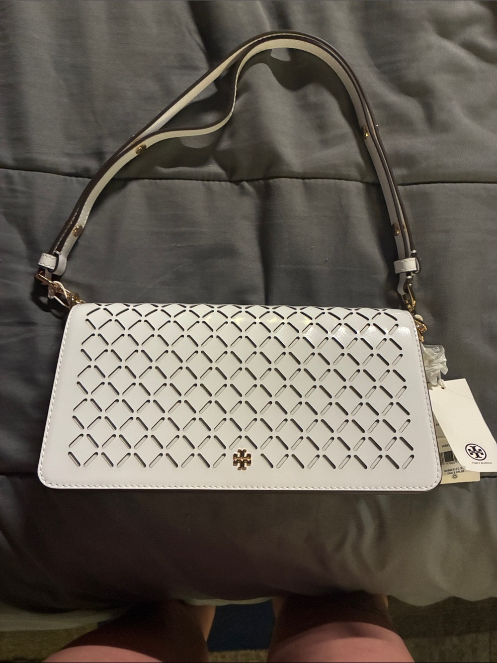Tory Burch White Perforated Leather Shoulder Bag with Gold Logo